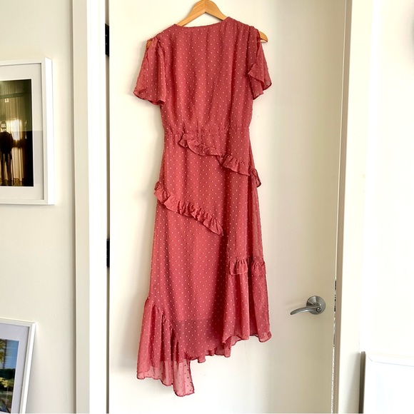 Lulus Next to You Rusty Rose Swiss Dot Ruffled Midi Dress - Picture 3 of 8